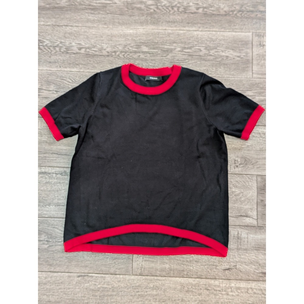 Women's Black Red Contrast Trim High Low Knit Ringer Top Crew Neck Short Sleeve